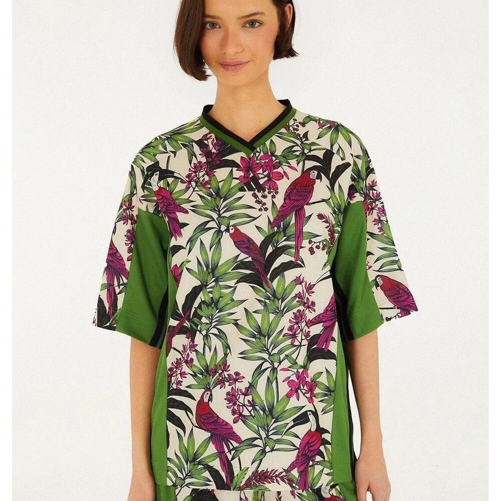 Adidas x Farm Rio Womens Small Tropical Bird Print Training Tee Green KD4628 NWT